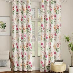 Urban Space White & Pink Polyester Printed Door Curtain with Eyelets & Tieback - Set of 2 (8 ft)-21