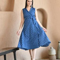 DECKEDUP Blue Cotton Printed Wrap Dress-picture-20
