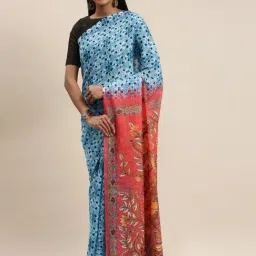 Vastranand Blue Printed Saree With Unstitched Blouse-image-34