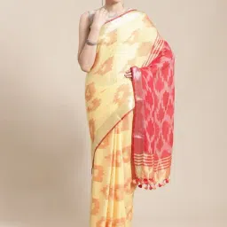 Kalakari India Yellow & Peach Linen Printed Saree With Unstitched Blouse-picture-3
