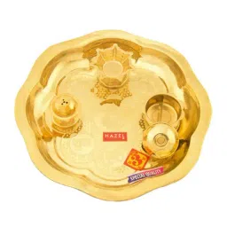 HAZEL Brass Flower Shape Designer Puja Thali with Diya and Sindur Wati, 23.5 cm-24