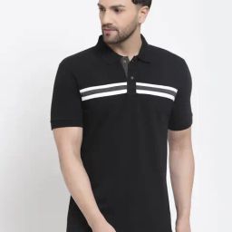 Kalt Black Regular Fit Striped Polo T-Shirt-image-104