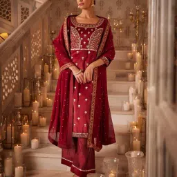 Wishful by W Maroon Embroidered Kurta Palazzo Set With Dupatta-picture-43