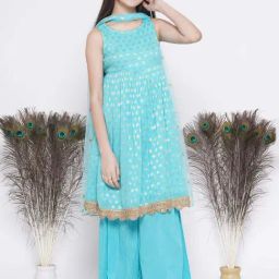 Little Bansi Firozi Blue Cotton Floral Print Kurta Set-image-30