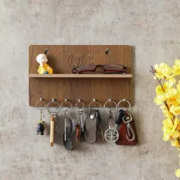 eCraftIndia Brown Wooden 7-in-1 Hook Keyholder With Shelf-picture-30