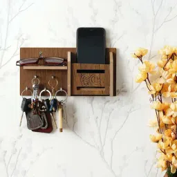 eCraftIndia Brown Wooden 5-in-1 Hook Keyholder With Shelf-4