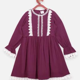 LilPicks Kids Purple & White Cotton Emboidery Full Sleeves Dress-image-46