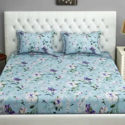Swayam Floral Sky Blue 144 TC Cotton King Bedsheet with 2 Pillow Covers-picture-41