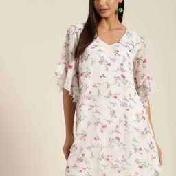 Qurvii White & Pink Floral Print A Line Dress-picture-28