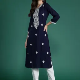 Indo Era Navy Blue Embroidered Straight Kurta-image-49
