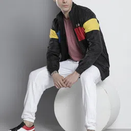 The Indian Garage Co Men Black & Yellow Colourblocked Windcheater Outdoor Sporty Jacket-25