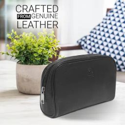 Kara Black Solid Leather Toiletry Kit-image-4