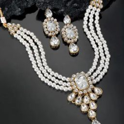 Peora White Crystal Pearl Necklace Earrings Set-image-25