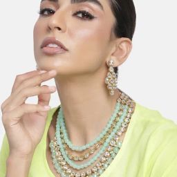Peora Beads Kundan Layered Mint Necklace & Dangle Earrings Set-image-96