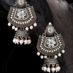 OOMPH Jewellery Oxidized Silver Tone Kundan & Pearls Floral Ethnic Jhumki-image-20