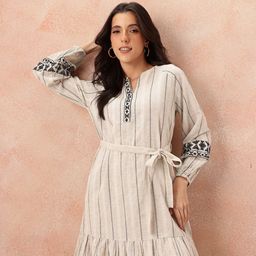all about you Striped Embroidered Detail Pure Cotton Belted A-Line Midi Dress-image-97