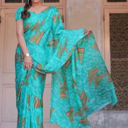 MIRCHI FASHION Turquoise Printed Saree With Unstitched Blouse-image-98