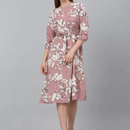 Cantabil Dusty Pink Floral Print Fit & Flare Dress-image-0