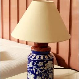 Unravel India Blue Ceramic Handcrafted Pottery Leaf Motif Table Lamps with Shade Set of 2-14