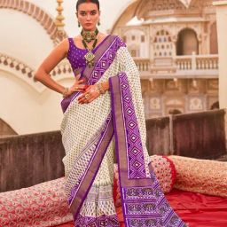 Elora Off White & Plum Blended Ikat Saree With Unstitched Blouse-image-59