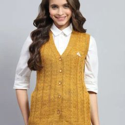 Monte Carlo Yellow Wool Blend Self Sleeveless Cardigan-image-32