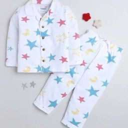 Bumzee Kids White & Blue Cotton Printed Full Sleeves Shirt Set-picture-6