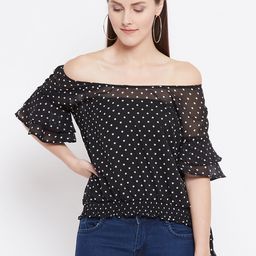 Belle Fille Women Black & White Printed Semi-Sheer Bardot Top-image-42