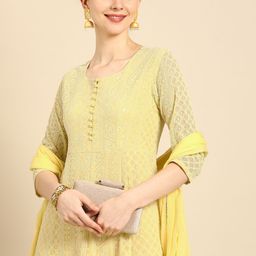 Anouk Women Yellow & White Embroidered Panelled A-Line Kurta Palazzos & With Dupatta-picture-5