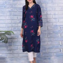 W Deep Blue Regular Fit Floral Print Kurta-image-10