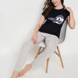 Clovia Black & Grey Cotton Graphic Print Top Pyjama Set-image-74