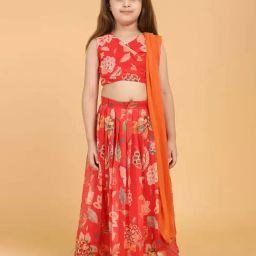 Piccolo Kids Red Floral Flared Lehenga, Blouse & Dupatta-image-42
