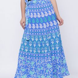 SOUNDARYA Blue & White Printed Wrap-Around Maxi Pure Cotton Skirt-image-36