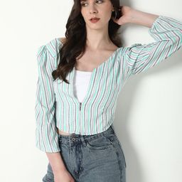 SHOWOFF Women Striped Puff Sleeve Crop Top-image-22