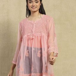 House of Chikankari Paisley Embroidered Three-Quarter Sleeves Chikankari Georgette Kurti-image-74