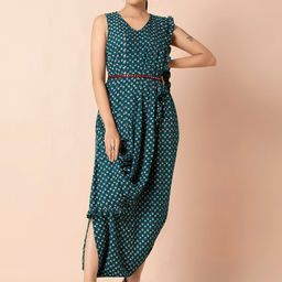 INDYA Teal & White Printed Basic Jumpsuit with Attached Dupatta & Belt-2