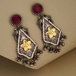ATIBELLE German Silver-Plated Artificial Stone Studded & Beaded Contemporary Drop Earrings-4