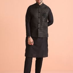 KISAH Men Embossed Regular Fit Woven Design Kurta Nehru Jacket Trouser Set-14