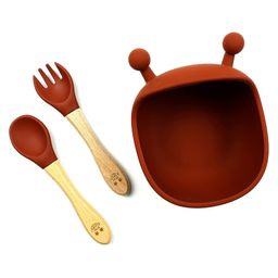 StarKiddo Cute Star Buddy Premium Food Grade Soft Silicone Baby Bowl with Suction Soft Silicone Trainer Spoon and Trainer Fork  Cinnamon Red-21