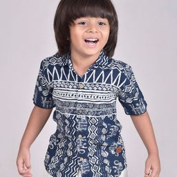 Polka Tots Half Sleeves  Abstract Designed Band Printed Shirt - Navy Blue-image-13