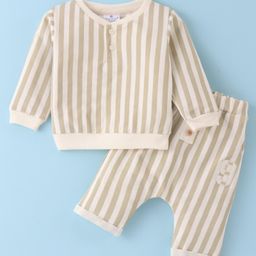 First Smile Full Sleeves Striped Henley T-Shirt & Lounge Pants Co-Ord Set With Number Patch - Cream & Ivory-image-52