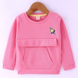 Olio Kids Cotton Knit Full Sleeves Winter T-Shirt with Kangaroo Pocket & Ice Cream Patch - Pink-image-79