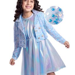 Hola Bonita Knit Shimmered Party Frock with Full Sleeves Sequined Embroidered Jacket - Light Blue-picture-0