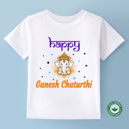 BLUSHES Ganesha Theme 100% Cotton Half Sleeve Ganesh Chaturthi Printed Tee-White-image-48