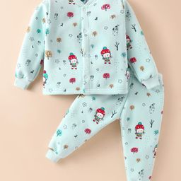 Teddy Fleece Full Sleeves Winter Night Suit with Christmas Theme Print - Light Blue-image-96