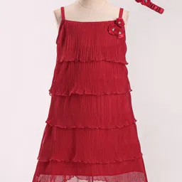 Enfance Sleeveless Floral Applique Layered Dress With Headband - Red-picture-16