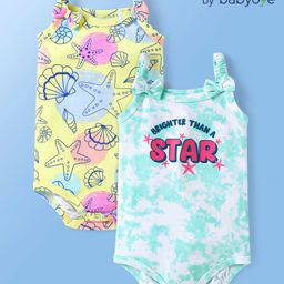 Babyoye 100% Cotton Knit Interlock Singlet Sleeves Eco Jiva Finish Tie & Dye Onesies with Sea Life Print Pack of 2 - Yellow & Light Blue-image-47