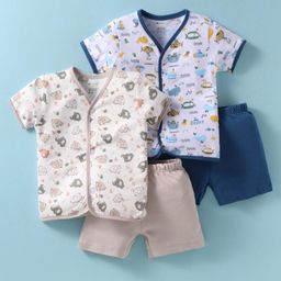 OHMS Single Jersey Knit Half Sleeves Elephant & Nautical Theme Printed Shorts Night Suits Pack of 2 - Tan & Blue-image-46