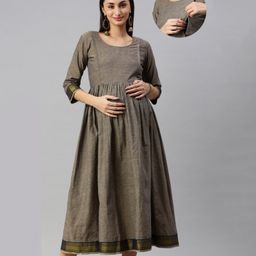 Swishchick Cotton Three Fourth Sleeves Placket Foil Printed Maternity Dress With Concealed Zipper Nursing Access - Grey-picture-22