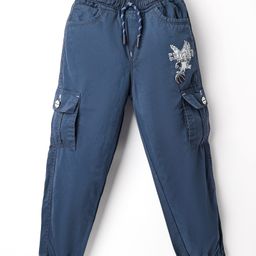 Olio Kids Cotton Woven Full Length Trousers With Cargo Pockets & Eagle Print - Navy Blue-image-6