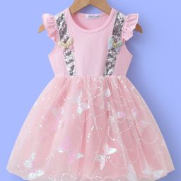Mark & Mia Frill Sleeves Party Frock With Sequin Detailing & Butterfly Applique - Pink-image-96